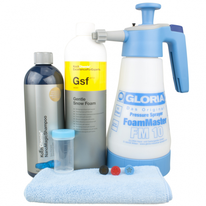 Gloria FM10 Set mit Koch Chemie Gentle Snow Foam Nano Magic Shampoo Messbecher & Tuch