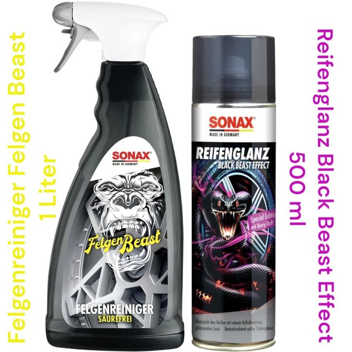 SONAX Felgenbeast Felgenreiniger 1 Liter + Reifenglanz Black Beast Effect 500 ml