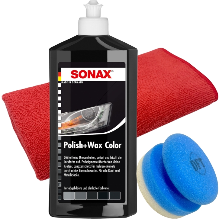 SONAX Polish & Wax Colour Schwarz 500ml mit Carnaubawachs  Applicator & Tuch